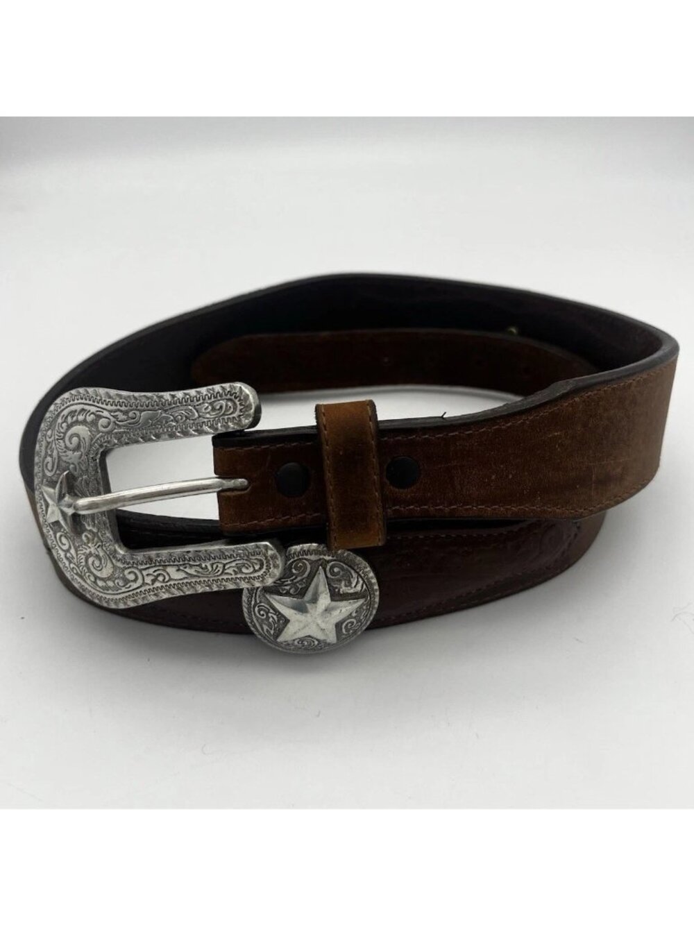 Justin Top Grain Leather Belt Silver Buckle Star 34" Brown 30 1658D